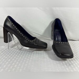 Fendi Selleria Black Leather Pumps Contrast Stitch Block Heel 37